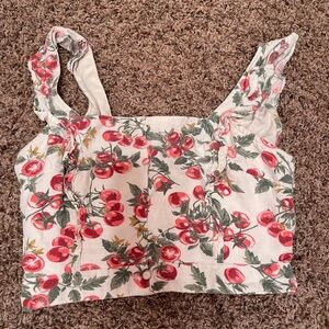 Cherry print ruffled strap crop top